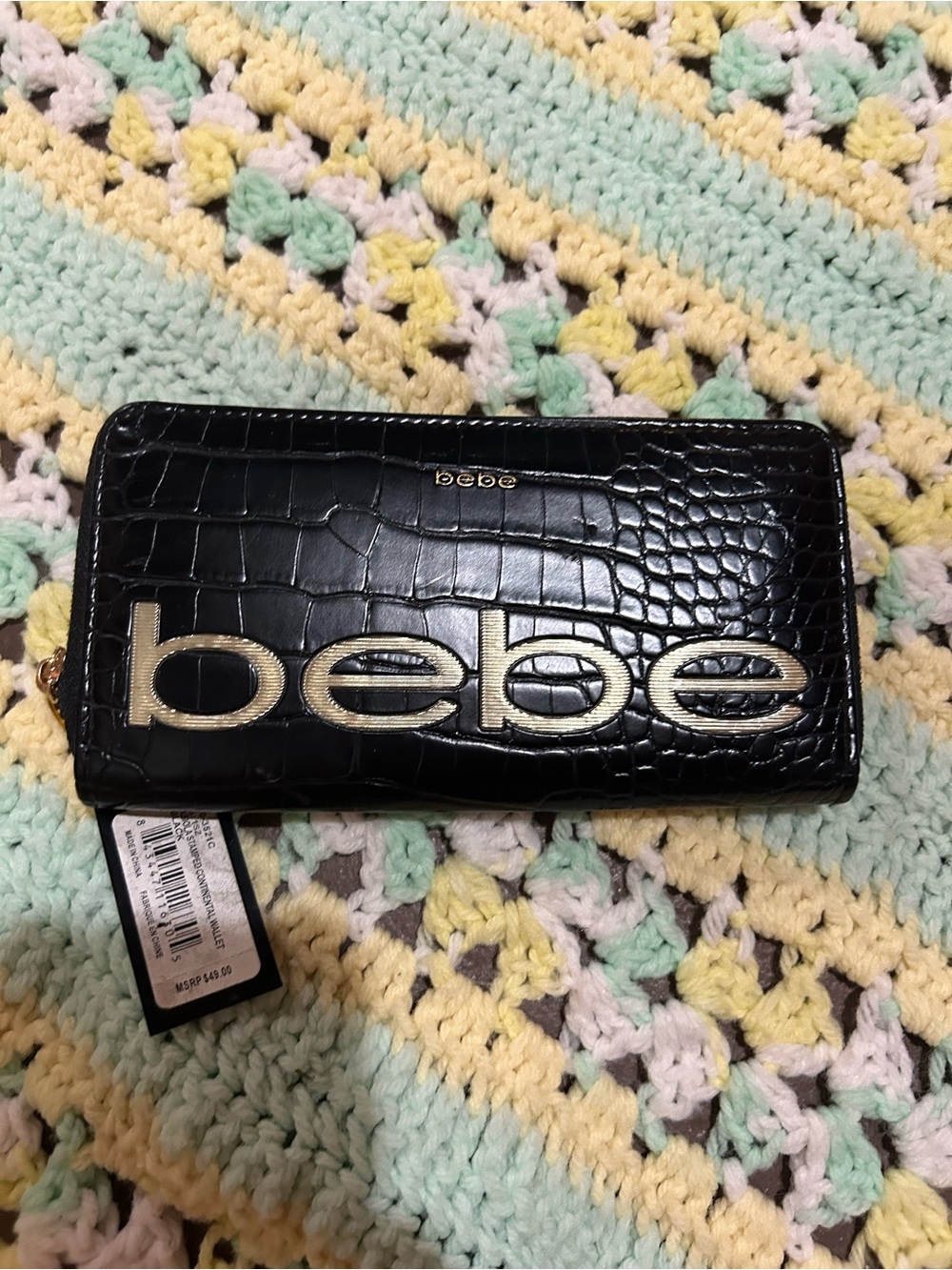 NWT bebe Black Faux Croc-Embossed Wallet with Gold Logo Accent